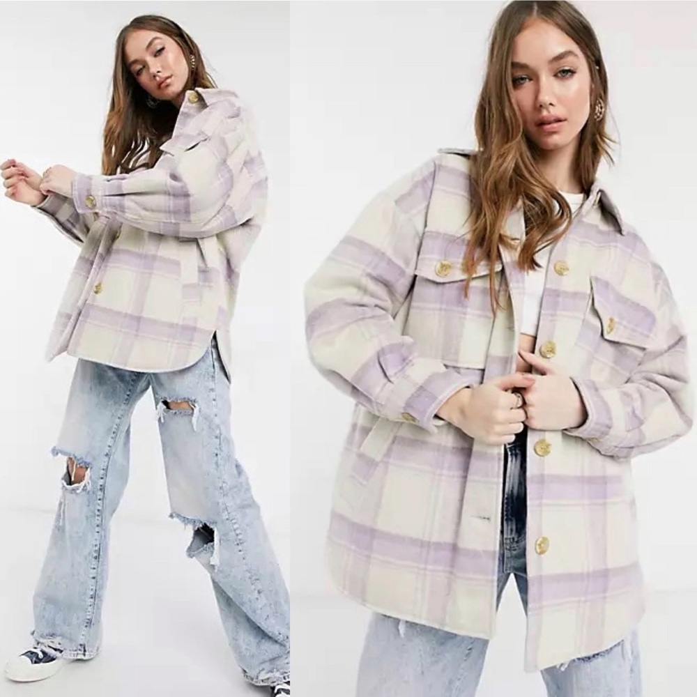 Pull&Bear Brushed Lilac Check Overshirt Shacket